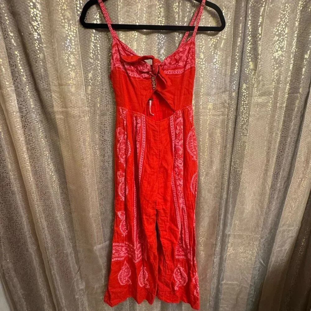 Free People Feel The Sun Red Pink Linen Cropped Jumpsuit Romper 0 XS